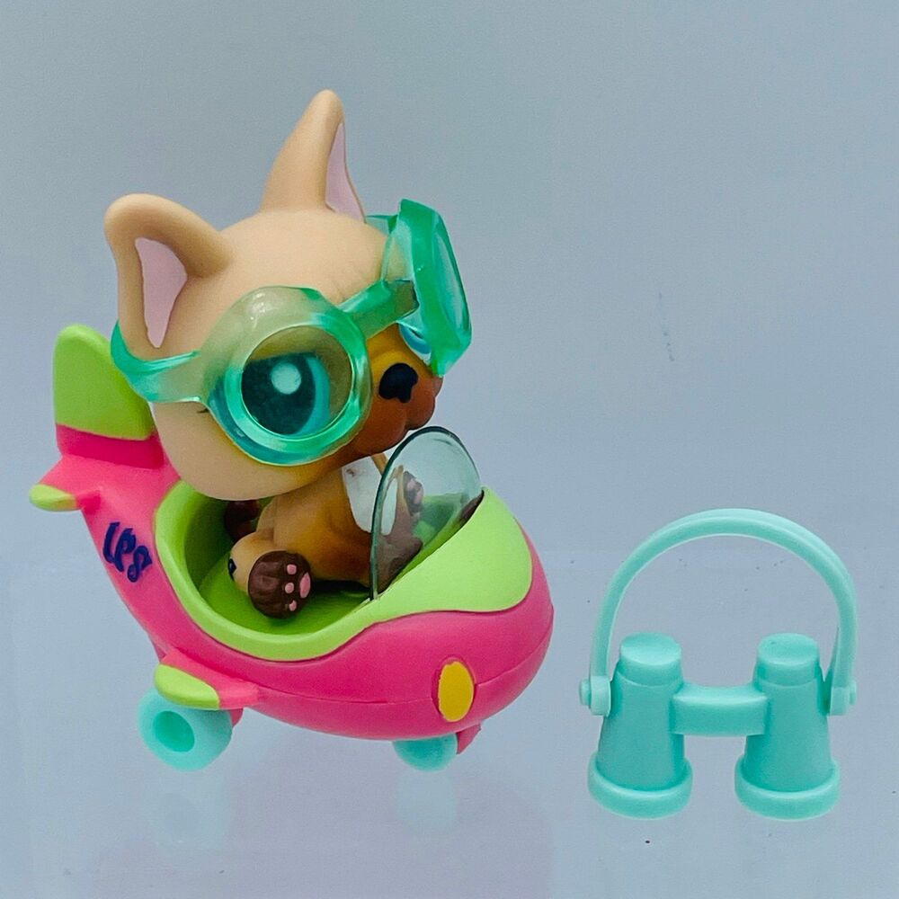 LPS Littlest Pet Shop Tan French Bulldog 1847 Pink Plane Sunglasses Binoculars